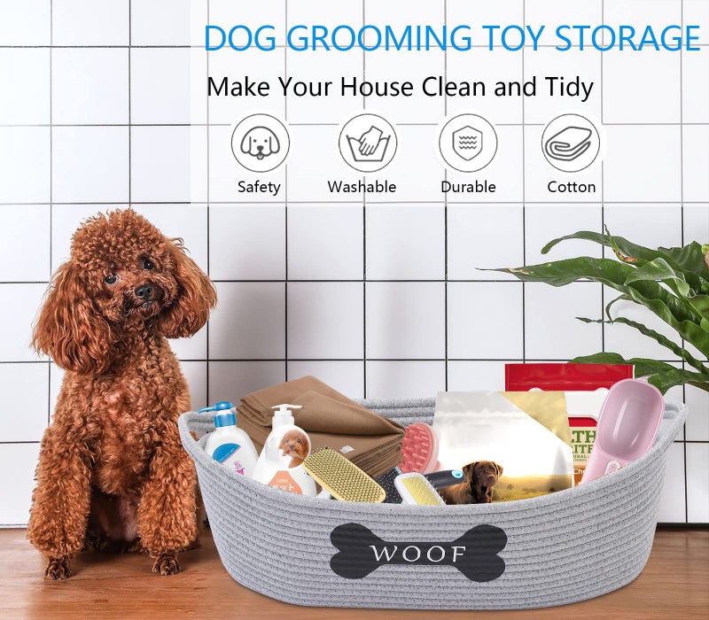 Morezi Dog toy baskets pet toy basket storage in small shallow stuff bin - Perfect for collect puppy toys, cat toy, grooming stuff, diapers, bed, for Bathroom, Playroom, Closet, Home - Grey - Image 2
